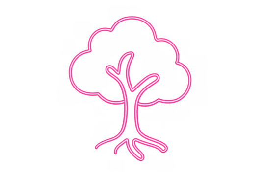 Neon pink glowing tree icon representing nature, ecology, environment, growth, and digital signage, transparent background