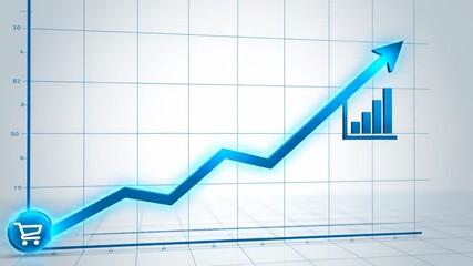 Ascending Business Growth Chart - A blue arrow graphically rises across a gridded chart, starting with a shopping cart icon, passing a gear icon in the middle, and finishing with a set of ascending - Powered by Adobe