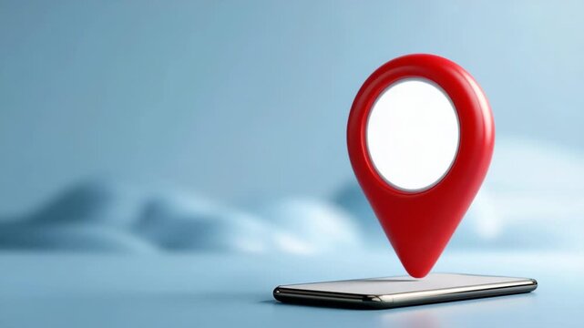 Red location pin on smartphone with blue background