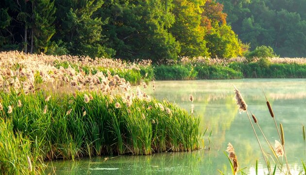 Tranquil morning by a still lake with tall grass