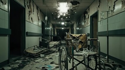 Abandoned Hospital Corridor - A long hallway in an abandoned hospital is shown, with peeling paint, discarded medical equipment, and scattered papers covering the floor. - Powered by Adobe