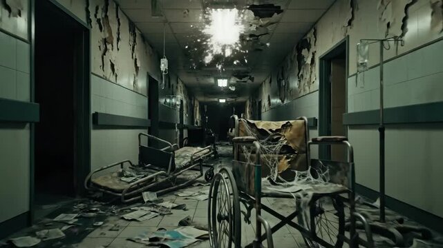 Abandoned Hospital Corridor - A long hallway in an abandoned hospital is shown, with peeling paint, discarded medical equipment, and scattered papers covering the floor.
