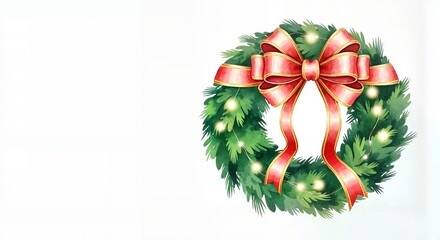 Christmas wreath with red bow and lights on soft white background with copy space