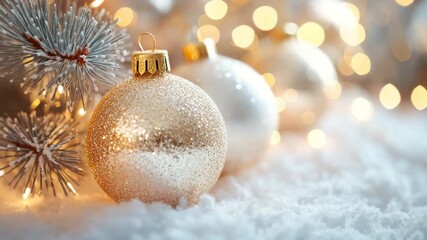Banner with Christmas golden balls decorations on snow with fir tree branches and christmas lights. Winter Decoration Background with copy space for text. Sale, promotion, greeting card - Powered by Adobe