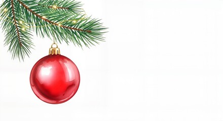 Shiny red Christmas ball hanging from a pine branch, festive and elegant, copy space
