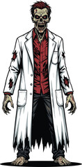 Zombie scientist vector, creepy lab character, horror medical theme, undead researcher illustration, spooky experiment gone wrong, scary science concept, Halloween infection design