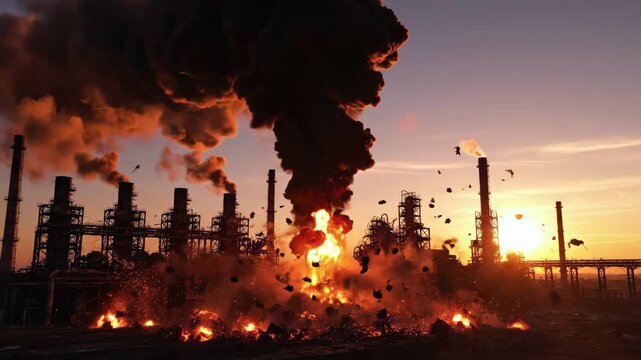 Industrial plant explosion with fire and smoke at sunset time