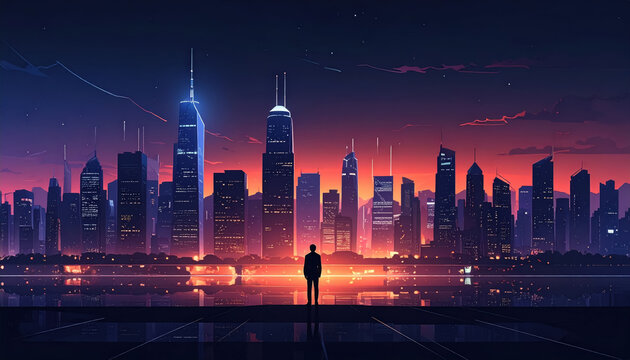 Individual standing on a bridge gazing at a stunning city skyline with modern architecture and urban vibes