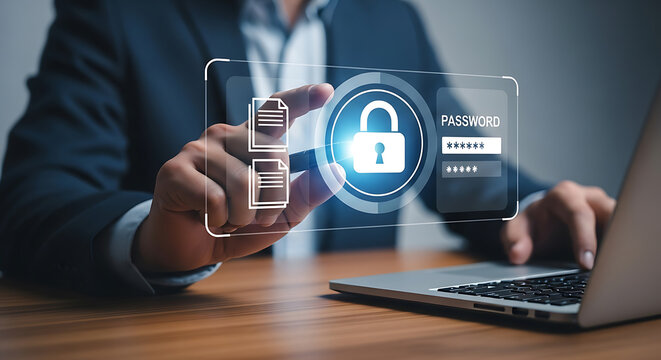 Man selecting virtual documents and security password icon on holographic screen while using laptop.