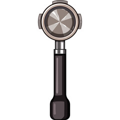 Espresso machine portafilter tool with silver metal basket and black handle on a clean white background a kitchen utensil for coffee preparation