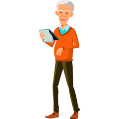 Elderly Man With White Hair Wearing An Orange Sweater And Brown Pants Holding A Tablet Device In His Hands Smiling Happily