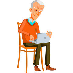 Elderly Man With White Hair Wearing Orange Sweater and Brown Pants Sitting on Chair Using Laptop Computer On Transparent Background