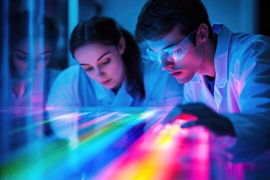 Scientists in a futuristic lab observe and interact with a vibrant, glowing, multi-colored light display or experiment.