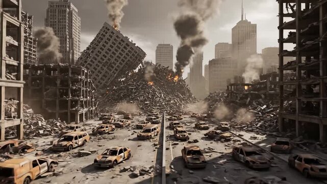Apocalyptic City Ruins - This video depicts a city in ruins after a major catastrophe, possibly war or natural disaster.