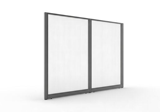 Modern framed glass panel room divider with sleek metal frame on white background