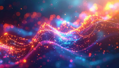 Colorful abstract background with soft blur design featuring glowing data nodes and deep learning flowchart area