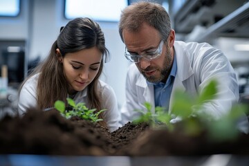 Researchers in lab coats and safety goggles closely observe young plants growing in soil, conducting agricultural and botanical studies.
