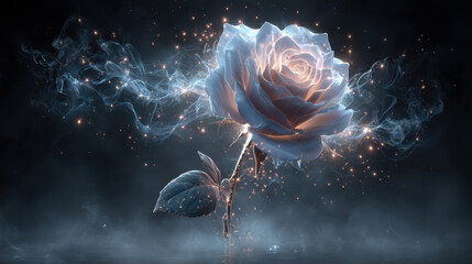 Surreal glowing rose with floating luminous petals radiates beauty and enchantment, surrounded by ethereal wisps of light and shimmering particles, creating magical atmosphere