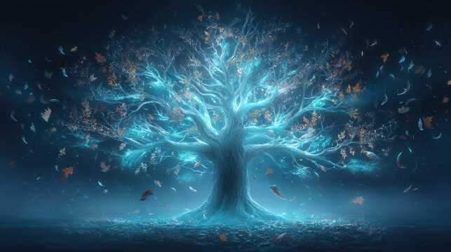 Surreal glowing oak tree with luminous branches stands majestically against dark background, surrounded by floating leaves. ethereal light creates magical atmosphere, evoking wonder