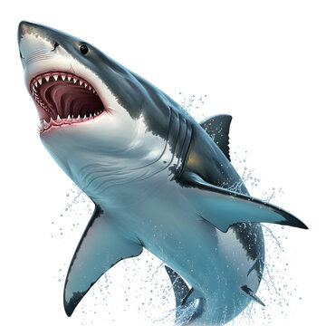 Great white shark jumping out of water ocean predator animal marine life apex danger powerful sea monster toothy wildlife grayscale design art