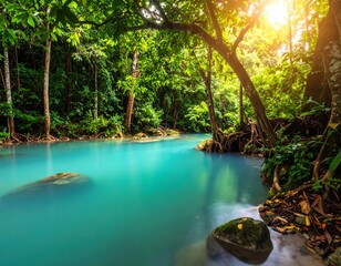 Tranquil turquoise river flowing through lush forest