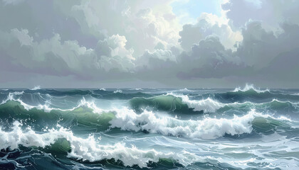 Fototapeta premium Stormy ocean with turbulent waves under gray sky symbolizing emotional turbulence with ample copy space available