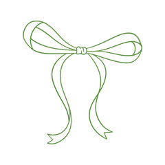 Coquette bow green, thin line drawing. Hand drawn illustration of vintage tied ribbon. Wedding, birthday gift sketch in retro style. Cute girly vector illustration. Doodle lace.