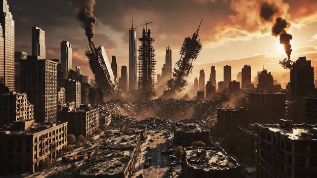 Post-Apocalyptic City Ruins - This video shows a ruined cityscape, with collapsed buildings and debris everywhere. The sky is a smoky orange color, suggesting a recent disaster or war.