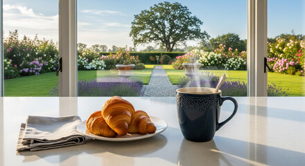 A steaming mug (e.g., coffee or tea) resting on a clean kitchen counter next to a window, looking out onto a peaceful backyard or garden. The scene is still and quiet. Relaxation, routine, personal .