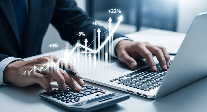 Businessman using calculator and laptop analyzing financial data with upward arrow growth charts and percentage gains.