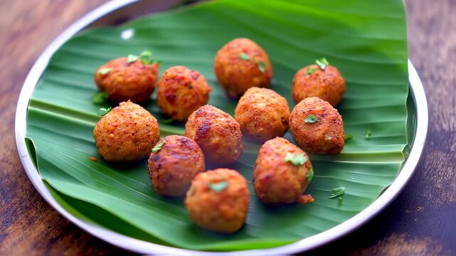 Delicious indian traditional dish of vegetable balls on a banana leaf, food photography