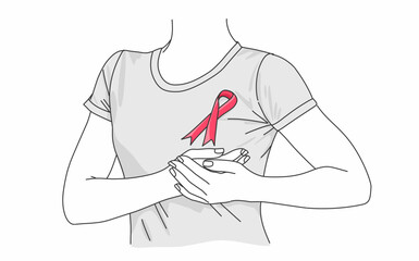 a woman holding her Chest with a pink ribbon for October breast cancer awarness