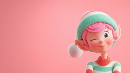 Cheerful Elf Character With Pink Hair and Striped Hat on Pastel Background