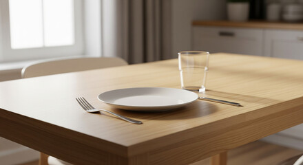 An empty, clean kitchen table set with a single, simple place setting (plate, fork, glass). The scene is bathed in natural light, ready for a meal. Nourishment, routine, everyday comfort, representing