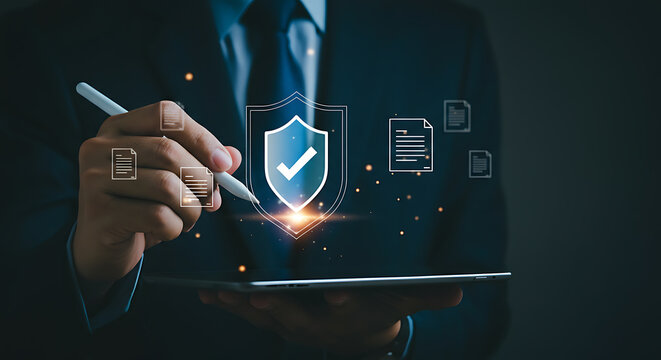Businessman using a tablet and stylus to interact with security shield and digital document icons, representing data protection and compliance.