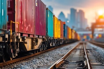 Fototapeta premium Freight train traveling along the tracks transporting cargo containers through industrial areas