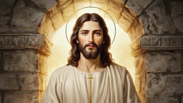 Portrait of Jesus Christ with Halo Standing in Stone Archway, Religious Icon, Faith, Spirituality and Christian Symbolism