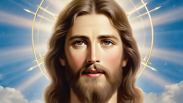 Portrait of Jesus Christ with Golden Halo Against a Blue Sky, Symbol of Faith, Religion, Spirituality, and Christian Beliefs