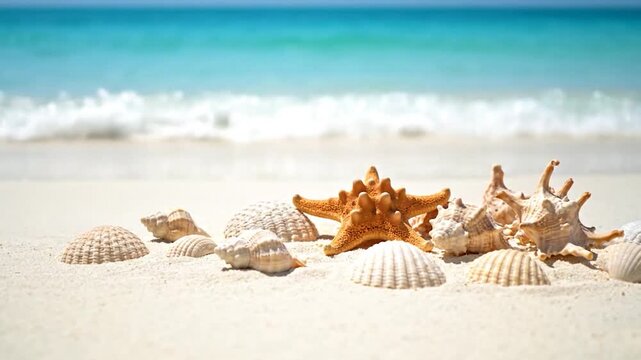 Sandy beach scene with seashells and starfish; ocean in the background, clear blue sky