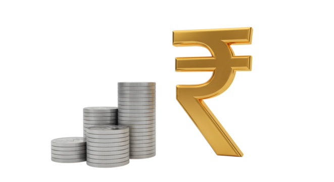 Golden indian rupee symbol with stack of coins isolated on transparent background