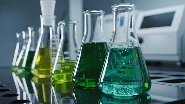 Laboratory Beakers with Colorful Liquid - A close-up shot shows a row of Erlenmeyer flasks filled with liquids of different colors, arranged on a black surface.