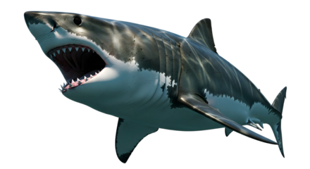 Great white shark with open mouth showing sharp teeth dangerous predator sea animal marine wildlife underwater creature on transparent background