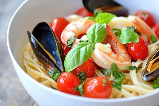 Fresh seafood salad with shrimp, mussels, and cherry tomatoes garnished with basil