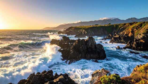 Golden Hour Sunlight Illuminates Crashing Waves Against Jagged Volcanic Shoreline Under a Clear Blue Sky with Distant Mountains