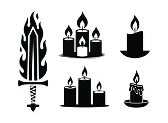 Burning sword multiple candles flame vector illustration set