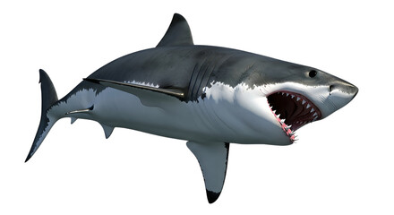 Fototapeta premium Great white shark with open mouth showing sharp teeth dangerous predator sea animal marine wildlife underwater creature on transparent backdrop
