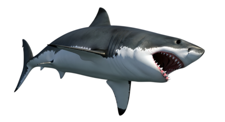 Great white shark with open mouth showing sharp teeth dangerous predator sea animal marine wildlife underwater creature on transparent backdrop