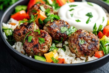 Fototapeta premium Grilled meatballs with rice, zucchini, peppers, and yogurt sauce