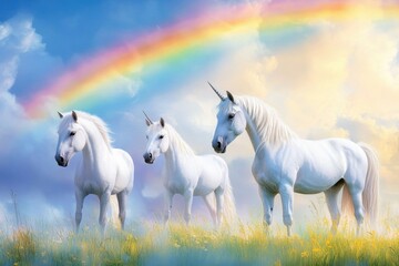 Fototapeta premium Majestic unicorn trio under a magical forest rainbow