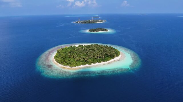 Aerial view of islands with lush greenery surrounded by turquoise waters, contrasting with the deep blue ocean, Kendhoo, Baa Atoll, Maldives.